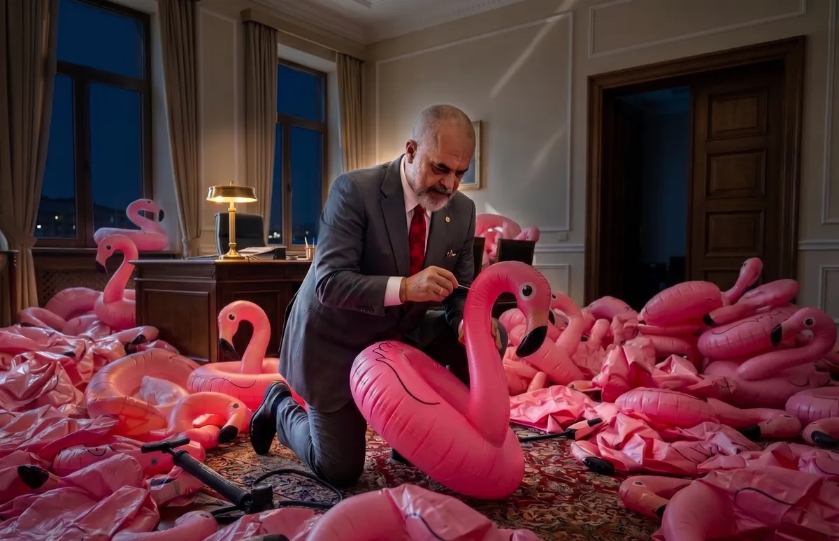 Rama kalon fundjavën duke fryrë kamerdare flamingo vetëm për t'i shpuar me gjilpërë